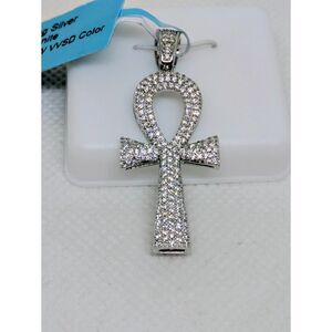 Men's Iced Out Ankh Pendant in 925 Sterling Silver with 0.87ctw of Moissanite
